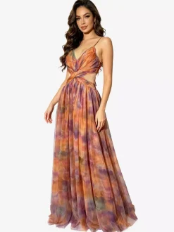 Vacation Dresses Spaghetti Strap Neck Elegant Orange Flowy Chiffon Maxi Party Dress