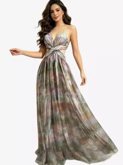 Vacation Dresses Spaghetti Strap Neck Elegant Orange Flowy Chiffon Maxi Party Dress