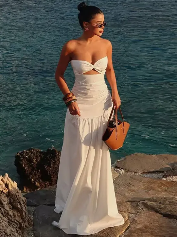 Vacation Dresses Strapless Cutout Waist Maxi Dress Sweetheart Bustier Flowy Mermaid Gown