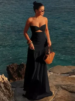 Vacation Dresses Strapless Cutout Waist Maxi Dress Sweetheart Bustier Flowy Mermaid Gown