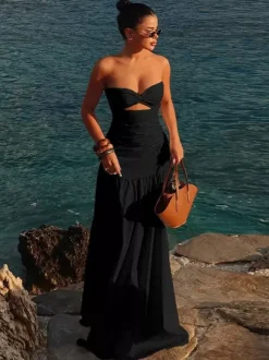 Vacation Dresses Strapless Cutout Waist Maxi Dress Sweetheart Bustier Flowy Mermaid Gown