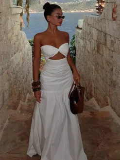 Vacation Dresses Strapless Cutout Waist Maxi Dress Sweetheart Bustier Flowy Mermaid Gown