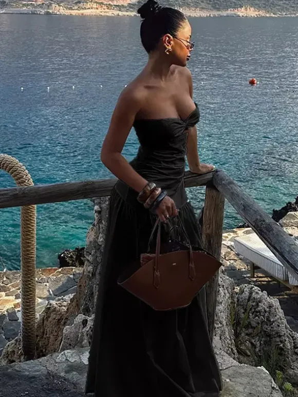 Vacation Dresses Strapless Cutout Waist Maxi Dress Sweetheart Bustier Flowy Mermaid Gown