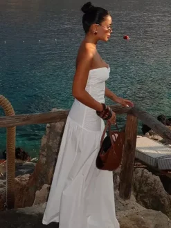 Vacation Dresses Strapless Cutout Waist Maxi Dress Sweetheart Bustier Flowy Mermaid Gown