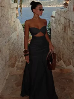 Vacation Dresses Strapless Cutout Waist Maxi Dress Sweetheart Bustier Flowy Mermaid Gown