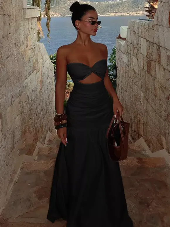 Vacation Dresses Strapless Cutout Waist Maxi Dress Sweetheart Bustier Flowy Mermaid Gown