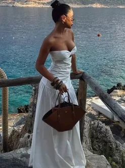 Vacation Dresses Strapless Cutout Waist Maxi Dress Sweetheart Bustier Flowy Mermaid Gown