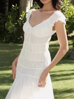 Vacation Dress Flowy Tiered Smocked Maxi Off Shoulder Ruffle Sleeve Summer Resort Vacation Sundress