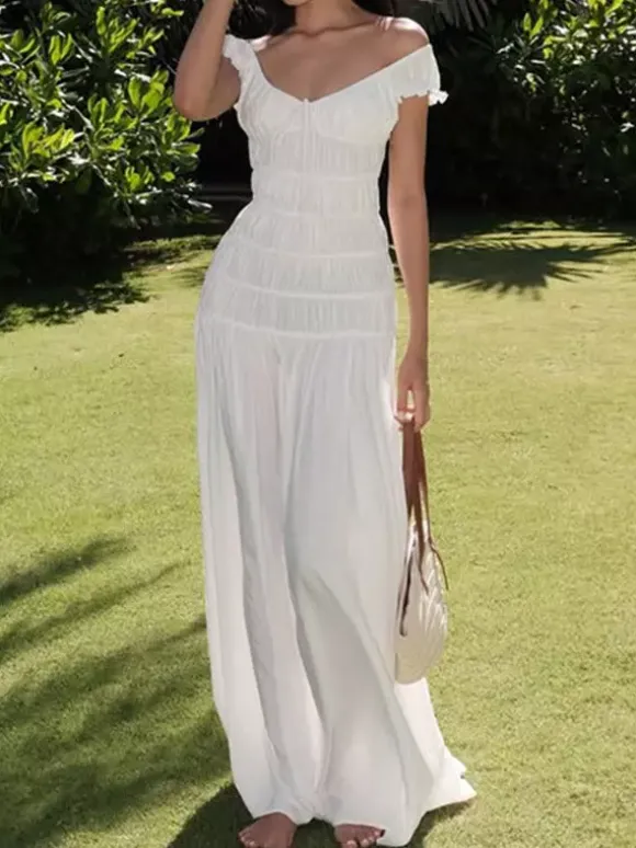 Vacation Dress Flowy Tiered Smocked Maxi Off Shoulder Ruffle Sleeve Summer Resort Vacation Sundress