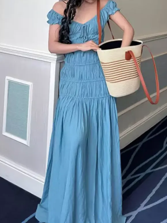 Vacation Dress Flowy Tiered Smocked Maxi Off Shoulder Ruffle Sleeve Summer Resort Vacation Sundress
