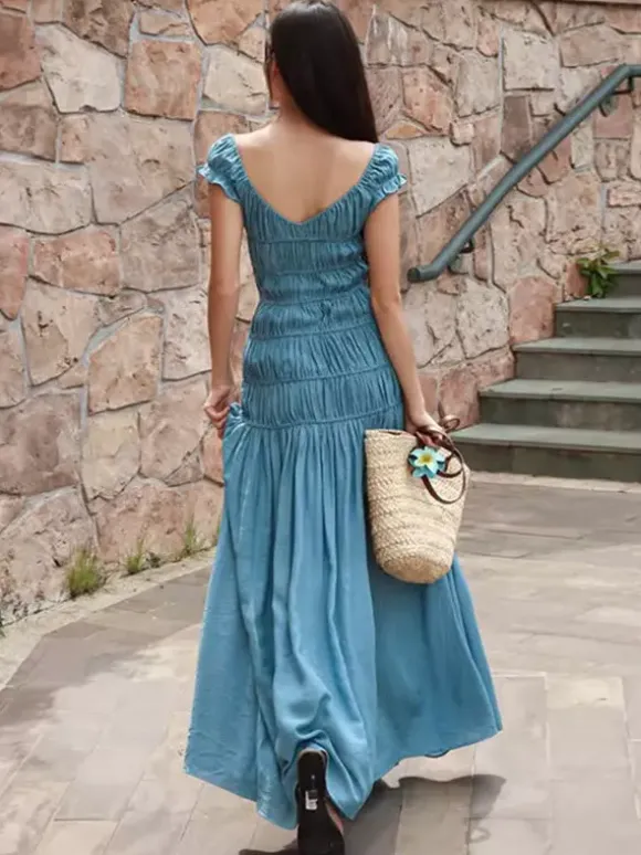 Vacation Dress Flowy Tiered Smocked Maxi Off Shoulder Ruffle Sleeve Summer Resort Vacation Sundress