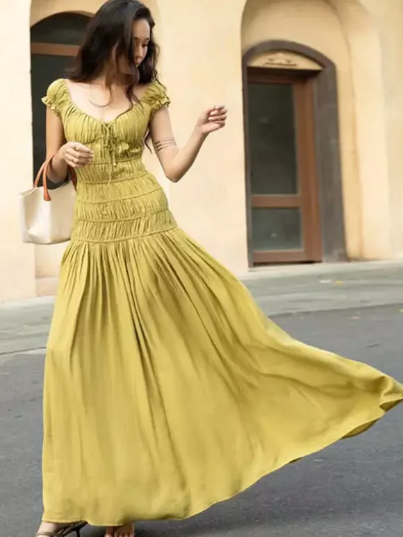 Vacation Dress Flowy Tiered Smocked Maxi Off Shoulder Ruffle Sleeve Summer Resort Vacation Sundress