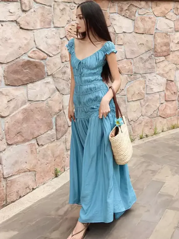 Vacation Dress Flowy Tiered Smocked Maxi Off Shoulder Ruffle Sleeve Summer Resort Vacation Sundress