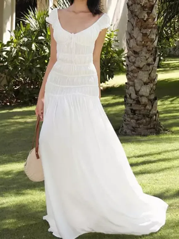 Vacation Dress Flowy Tiered Smocked Maxi Off Shoulder Ruffle Sleeve Summer Resort Vacation Sundress