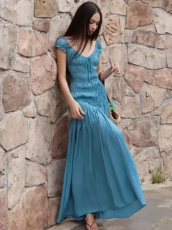 Vacation Dress Flowy Tiered Smocked Maxi Off Shoulder Ruffle Sleeve Summer Resort Vacation Sundress