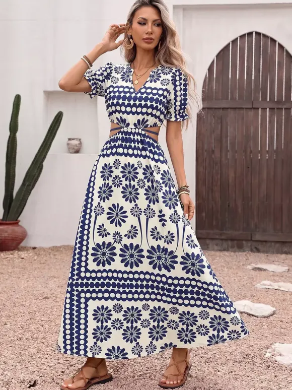 Vacation Dress Flowy Vintage Floral Maxi V Neck Puff Sleeve Summer Dress