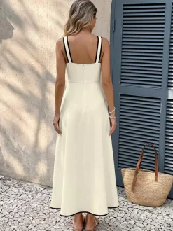 Vacation Dress Ivory Contrast Black Trim Cami Midi Straps Summer Dress