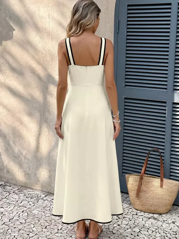 Vacation Dress Ivory Contrast Black Trim Cami Midi Straps Summer Dress