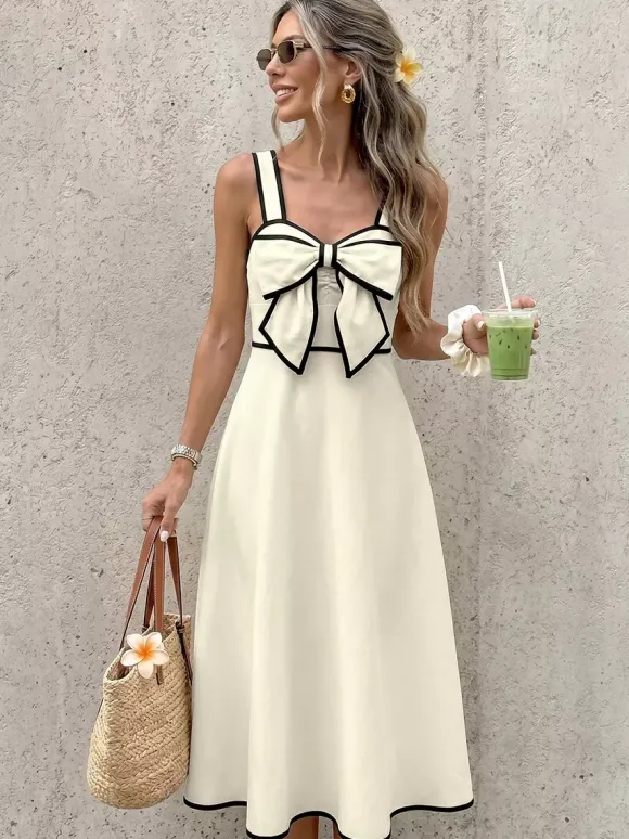 Vacation Dress Ivory Contrast Black Trim Cami Midi Straps Summer Dress