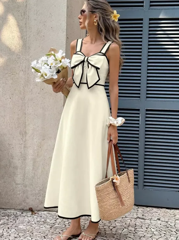 Vacation Dress Ivory Contrast Black Trim Cami Midi Straps Summer Dress