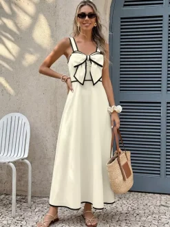 Vacation Dress Ivory Contrast Black Trim Cami Midi Straps Summer Dress