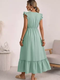 Vacation Dress Maxi Jewel Neck Sleeveless Green Embroidery Bohemian Lace Up Long Dress