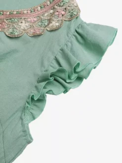 Vacation Dress Maxi Jewel Neck Sleeveless Green Embroidery Bohemian Lace Up Long Dress