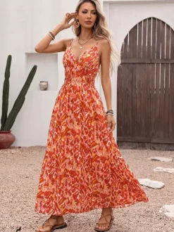 Vacation Dress Maxi Straps Cami Neck Sleeveless Bohemian Two-Tone Backless Floral Print Long Dress