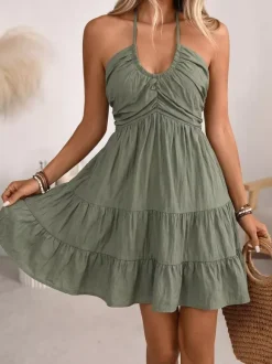 Vacation Dress Midi Lace Up Backless Halter Neck Tiered Ruffle Summer Beach Sundress