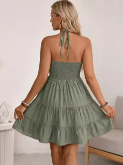 Vacation Dress Midi Lace Up Backless Halter Neck Tiered Ruffle Summer Beach Sundress