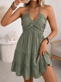 Vacation Dress Midi Lace Up Backless Halter Neck Tiered Ruffle Summer Beach Sundress