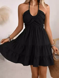 Vacation Dress Midi Lace Up Backless Halter Neck Tiered Ruffle Summer Beach Sundress
