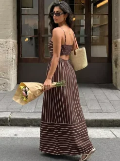 Vacation Long Dress Striped Cami Maxi Square Neck Elastic Cut Out Back Loose Flowy Summer Sundress