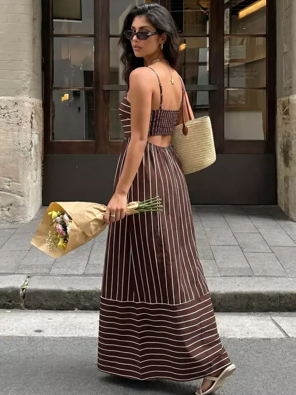 Vacation Long Dress Striped Cami Maxi Square Neck Elastic Cut Out Back Loose Flowy Summer Sundress