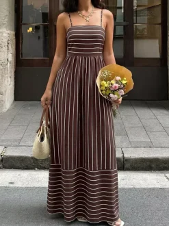 Vacation Long Dress Striped Cami Maxi Square Neck Elastic Cut Out Back Loose Flowy Summer Sundress