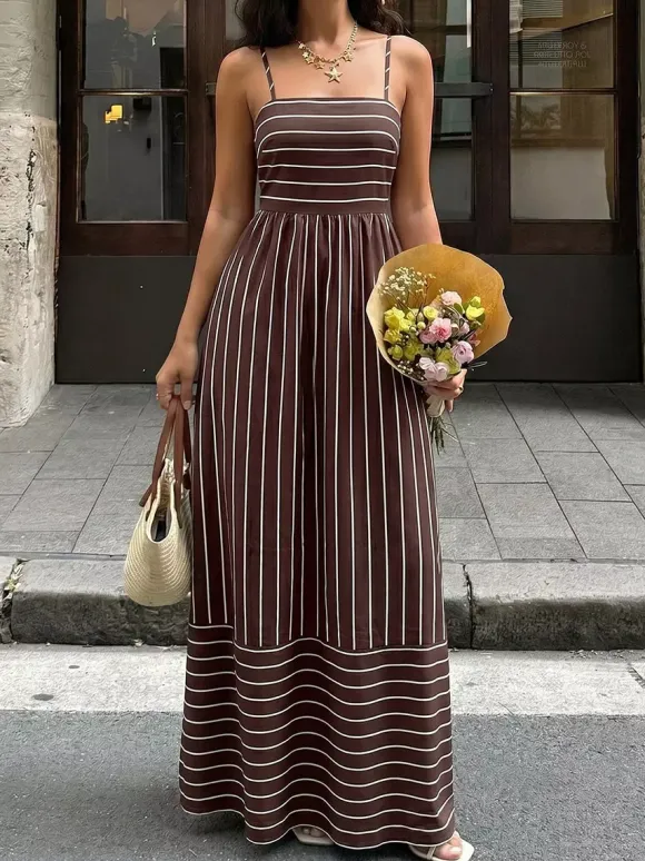 Vacation Long Dress Striped Cami Maxi Square Neck Elastic Cut Out Back Loose Flowy Summer Sundress