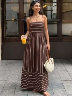 Vacation Long Dress Striped Cami Maxi Square Neck Elastic Cut Out Back Loose Flowy Summer Sundress
