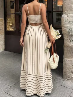Vacation Long Dress Striped Cami Maxi Square Neck Elastic Cut Out Back Loose Flowy Summer Sundress