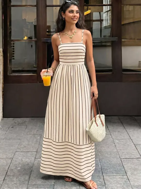 Vacation Long Dress Striped Cami Maxi Square Neck Elastic Cut Out Back Loose Flowy Summer Sundress