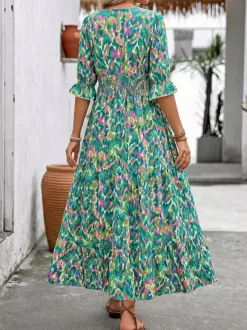 Vacation Maxi Dress Boho Green Abstract Print V Neck Frill Short Sleeve Elastic Waist Tiered Hem Flowy Dress