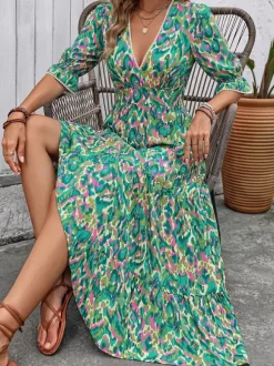 Vacation Maxi Dress Boho Green Abstract Print V Neck Frill Short Sleeve Elastic Waist Tiered Hem Flowy Dress