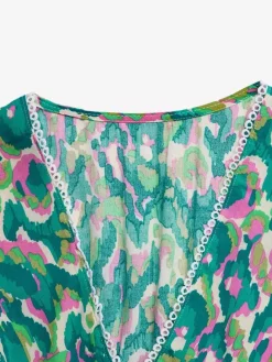 Vacation Maxi Dress Boho Green Abstract Print V Neck Frill Short Sleeve Elastic Waist Tiered Hem Flowy Dress