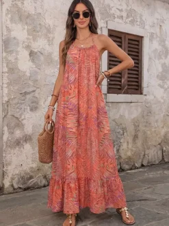 Vacation Maxi Dress Boho Orange Tropical Print Halter Neck Beach Sundress