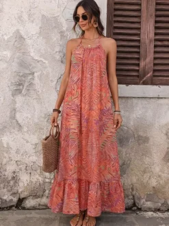 Vacation Maxi Dress Boho Orange Tropical Print Halter Neck Beach Sundress