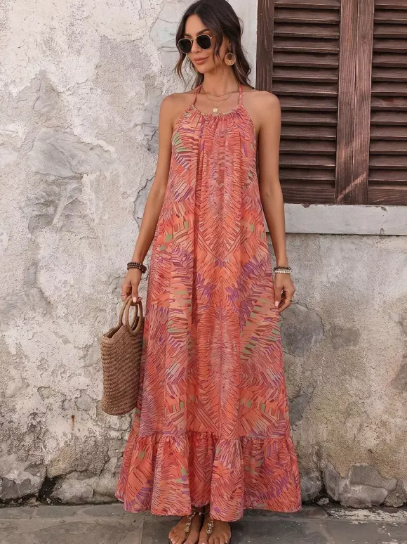 Vacation Maxi Dress Boho Orange Tropical Print Halter Neck Beach Sundress