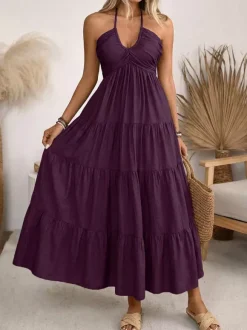 Vacation Maxi Dresses Lace Up Sleeveless Backless V-Neck Sweet Green Summer Dress
