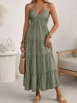 Vacation Maxi Dresses Lace Up Sleeveless Backless V-Neck Sweet Green Summer Dress