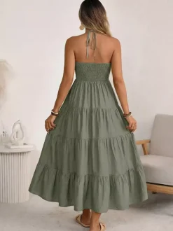 Vacation Maxi Dresses Lace Up Sleeveless Backless V-Neck Sweet Green Summer Dress