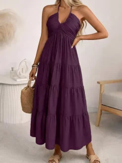 Vacation Maxi Dresses Lace Up Sleeveless Backless V-Neck Sweet Green Summer Dress