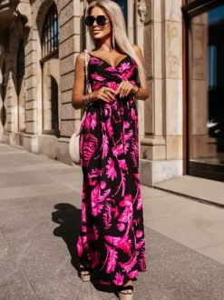 Vacation Maxi Dresses V-Neck Sleeveless Printed Floor Length Bohemian Dress